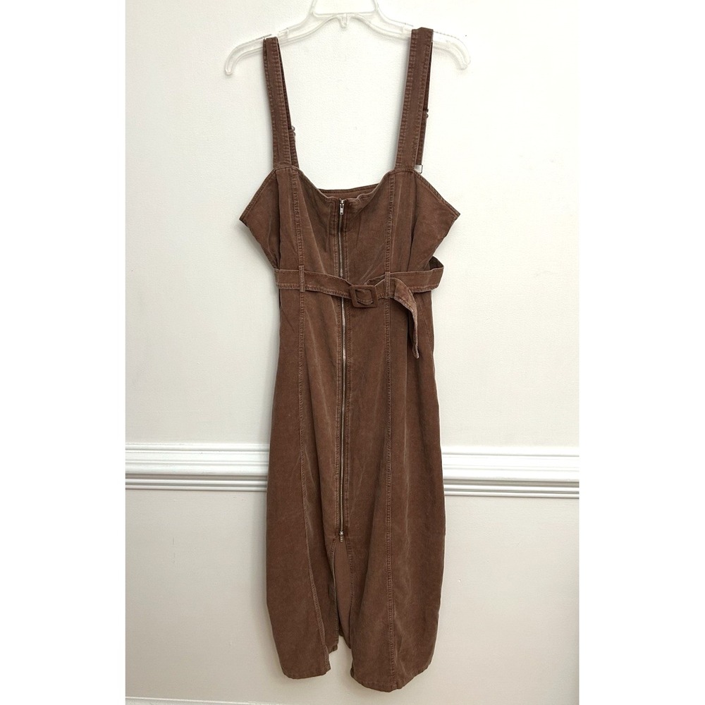 Sadie & Sage Corduroy Jumper Dress Women's L Washed Brown Zip Front Belted Midi